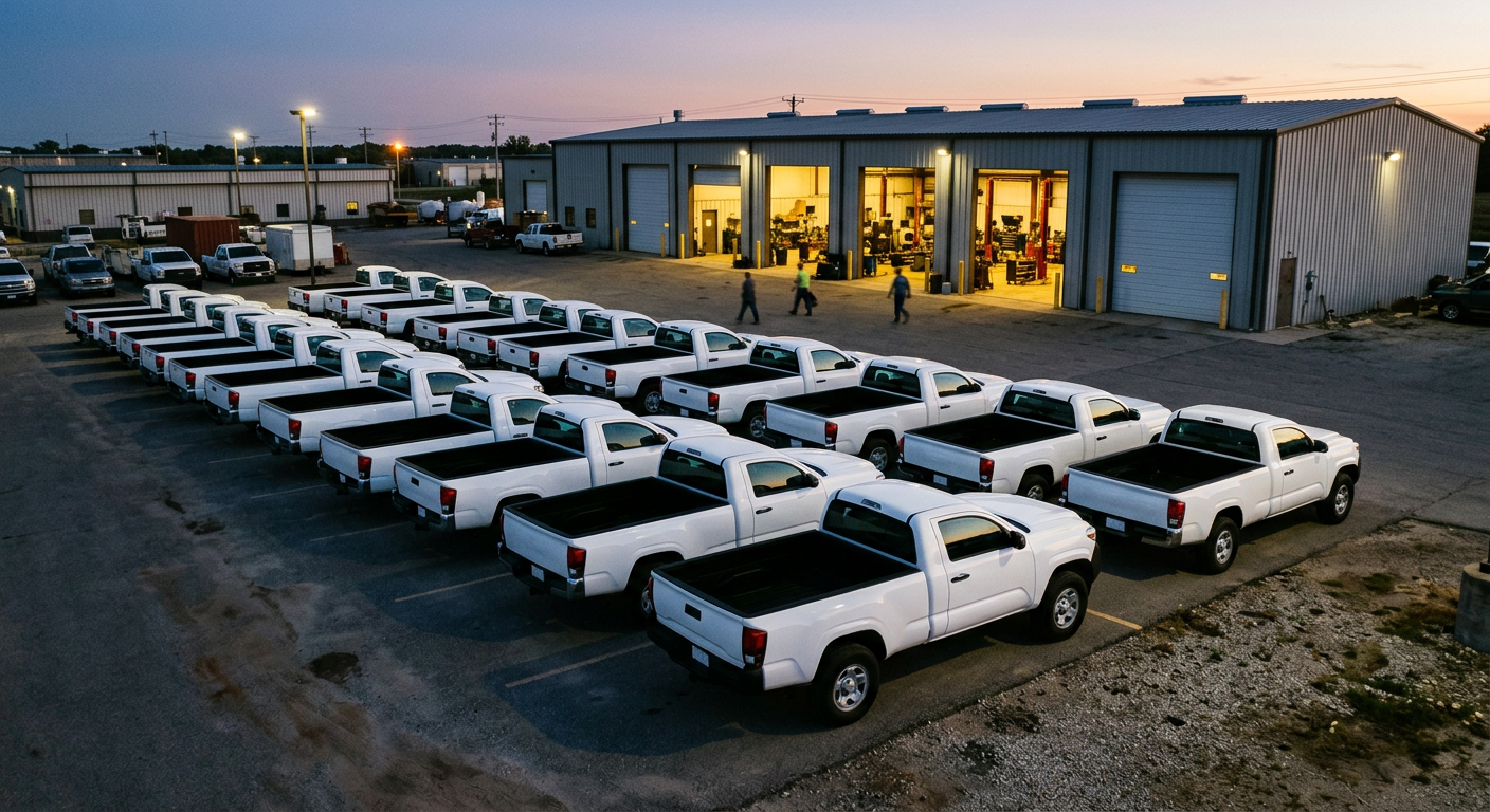 Row of white pickup trucks parked outside a fleet maintenance depot at dusk