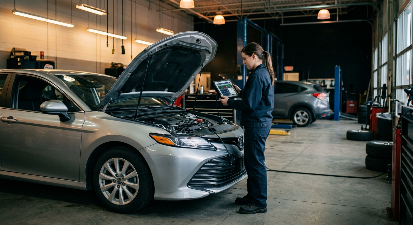 Technician reviewing live diagnostic data on a tablet beside a silver sedan with its hood open in a workshop bay