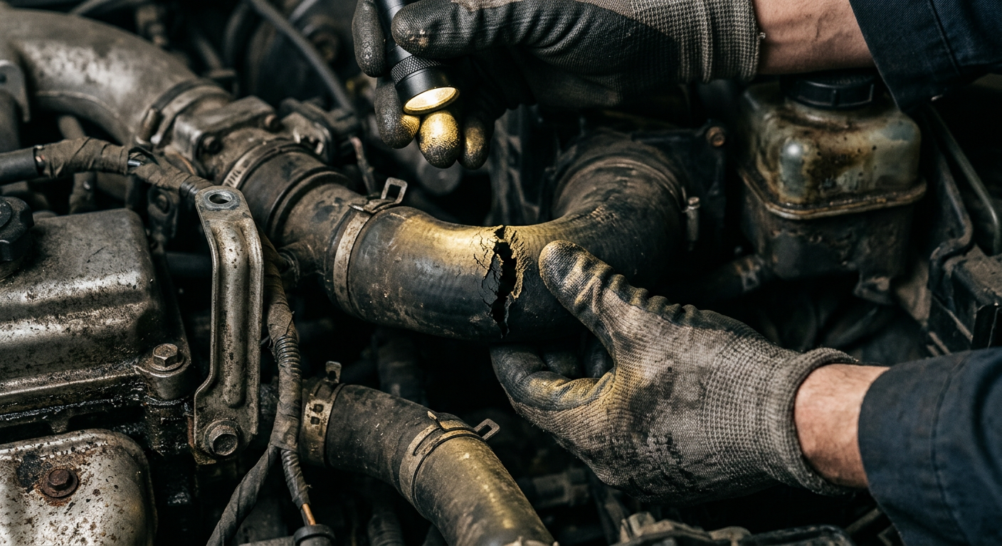 Gloved hands holding a flashlight on a cracked rubber air intake hose inside an engine bay