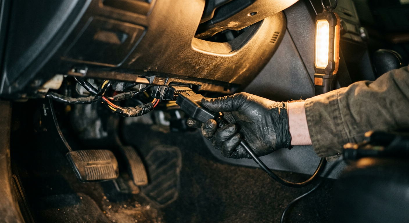 Close-up of a technician plugging an OBD-II diagnostic scanner into a car's dashboard port