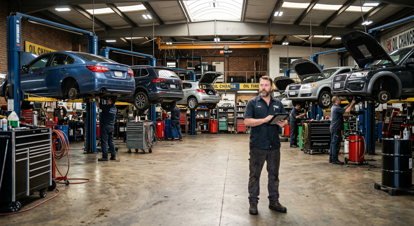 Busy multi-bay auto repair workshop with cars on lifts and a service manager holding a tablet